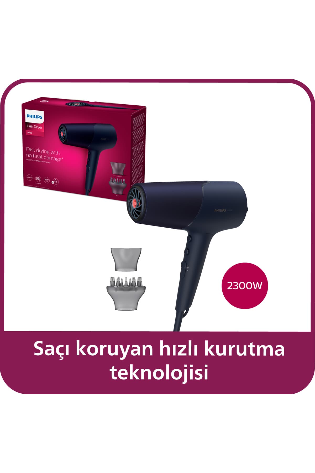 Hair dryer series 5000, 2300 W, ThermoShield technology, Ionic Care, BHD510/00