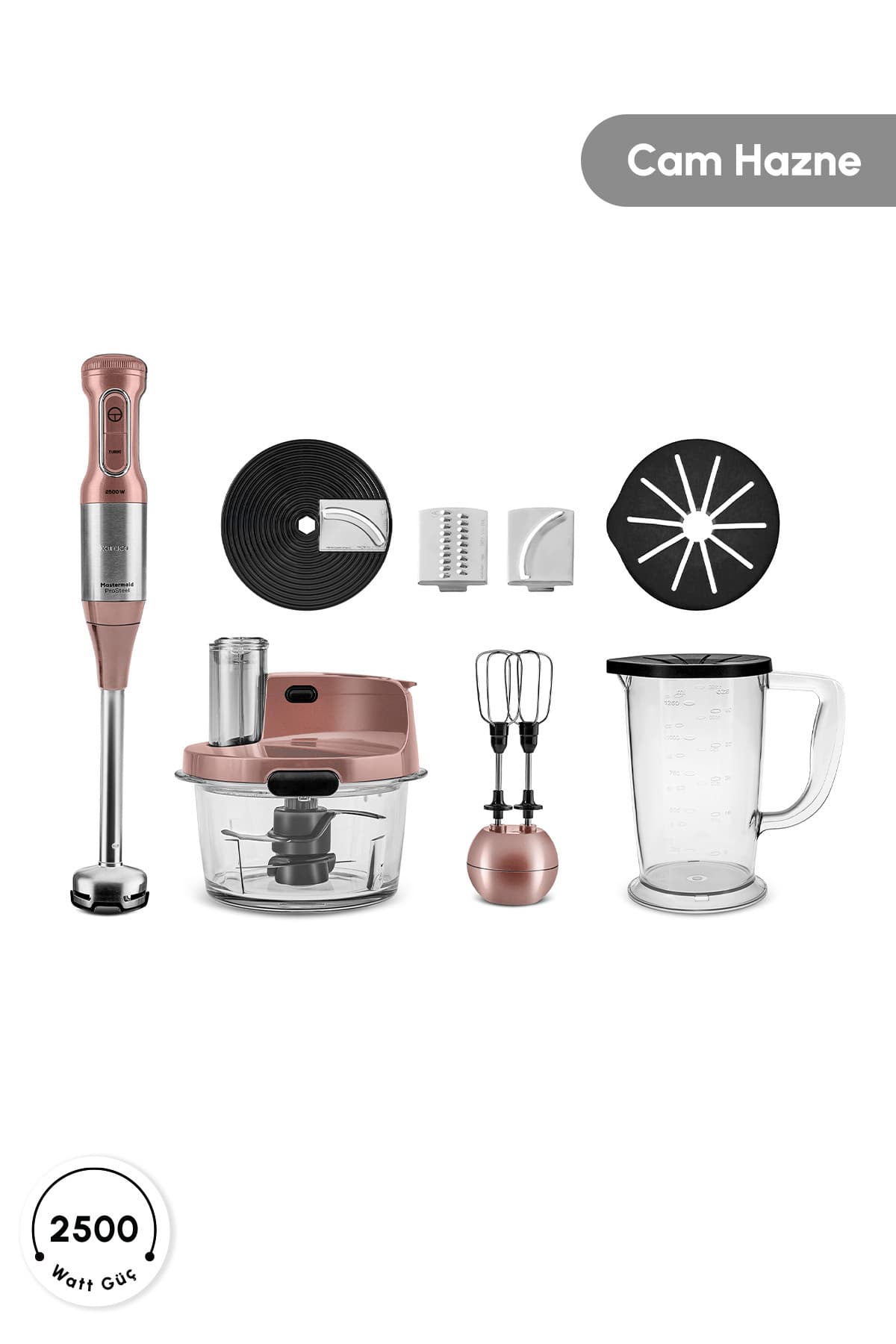 Mastermaid Prosteel Küchenmaschine aus Glas, lange Standfüße, 6 Klingen, 2500 W, Roségold