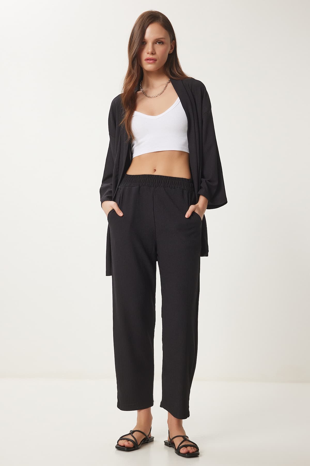Schwarzes Strickset mit Kimonohose für Damen BY00050