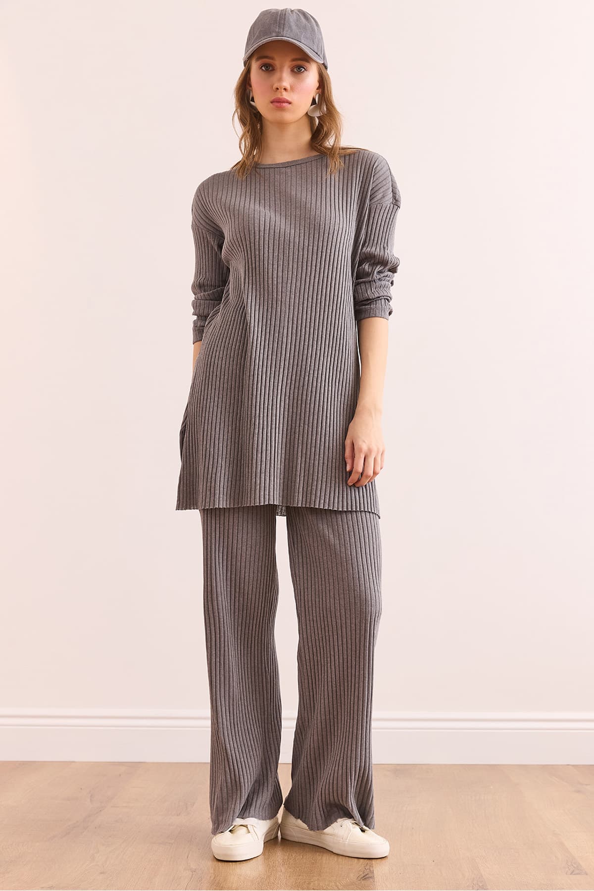 Damen Anthrazit Oberteil Schlitz Bluse Unterteil بالازو Kordel Anzug TKM-19000180
