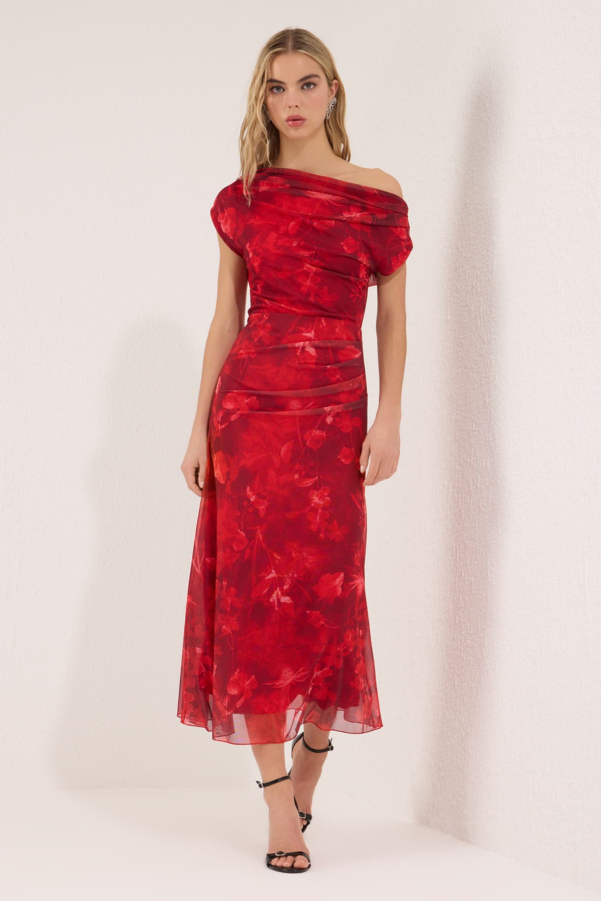 Rot-Mehrfarbiges, abstrakt gemustertes, gefüttertes, mit Tüll gestricktes Midi-Abendkleid, Nachtabschlusskleid TPRSS25EL00015