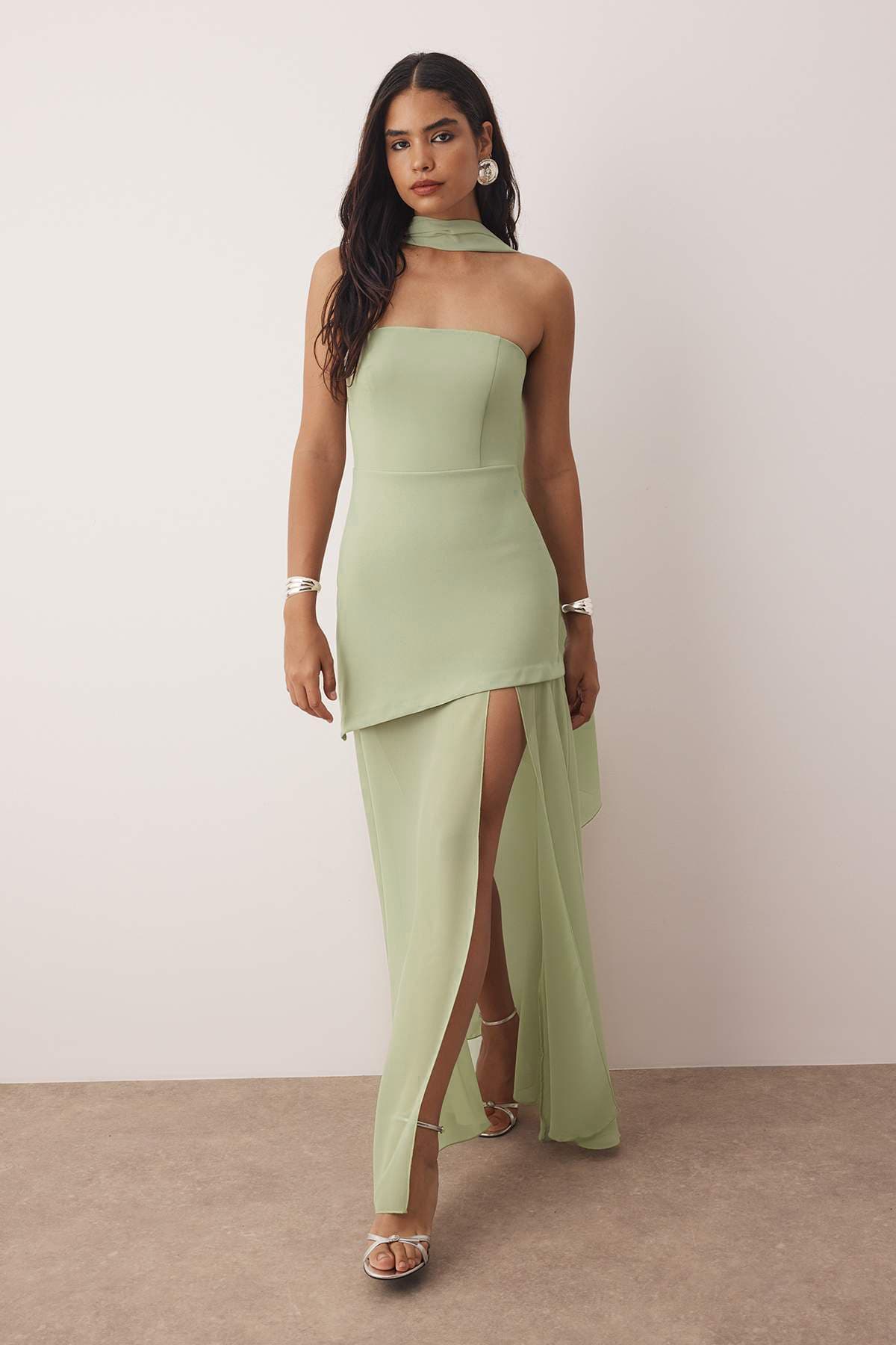 Mintfarbenes, detailliertes, gewebtes Maxi-Abendkleid und Heimkehrkleid TPRSS25AE00188