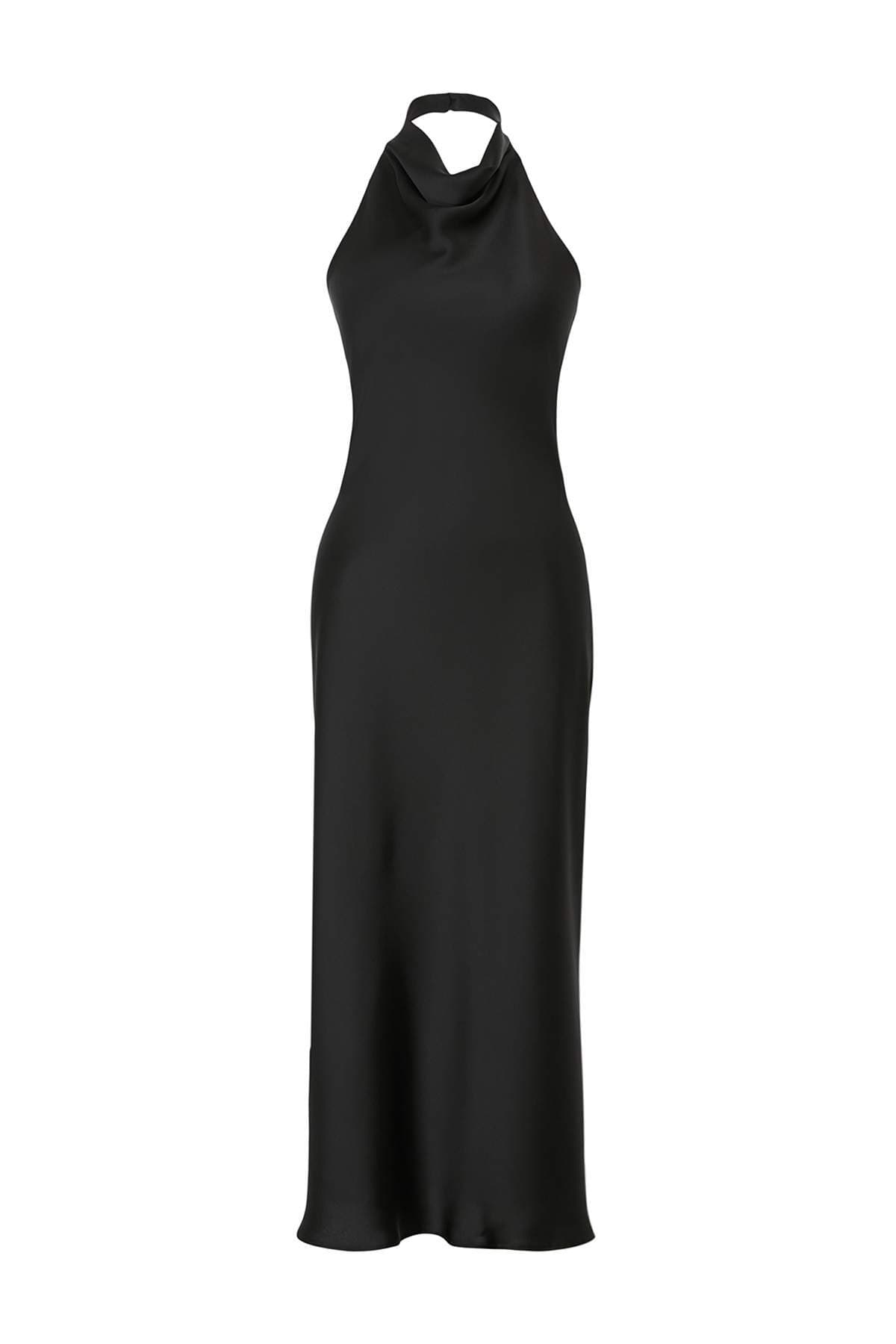 Schwarzes Neckholder-Slip-Form-Maxikleid aus gewebtem Satin TPRSS26EL00020