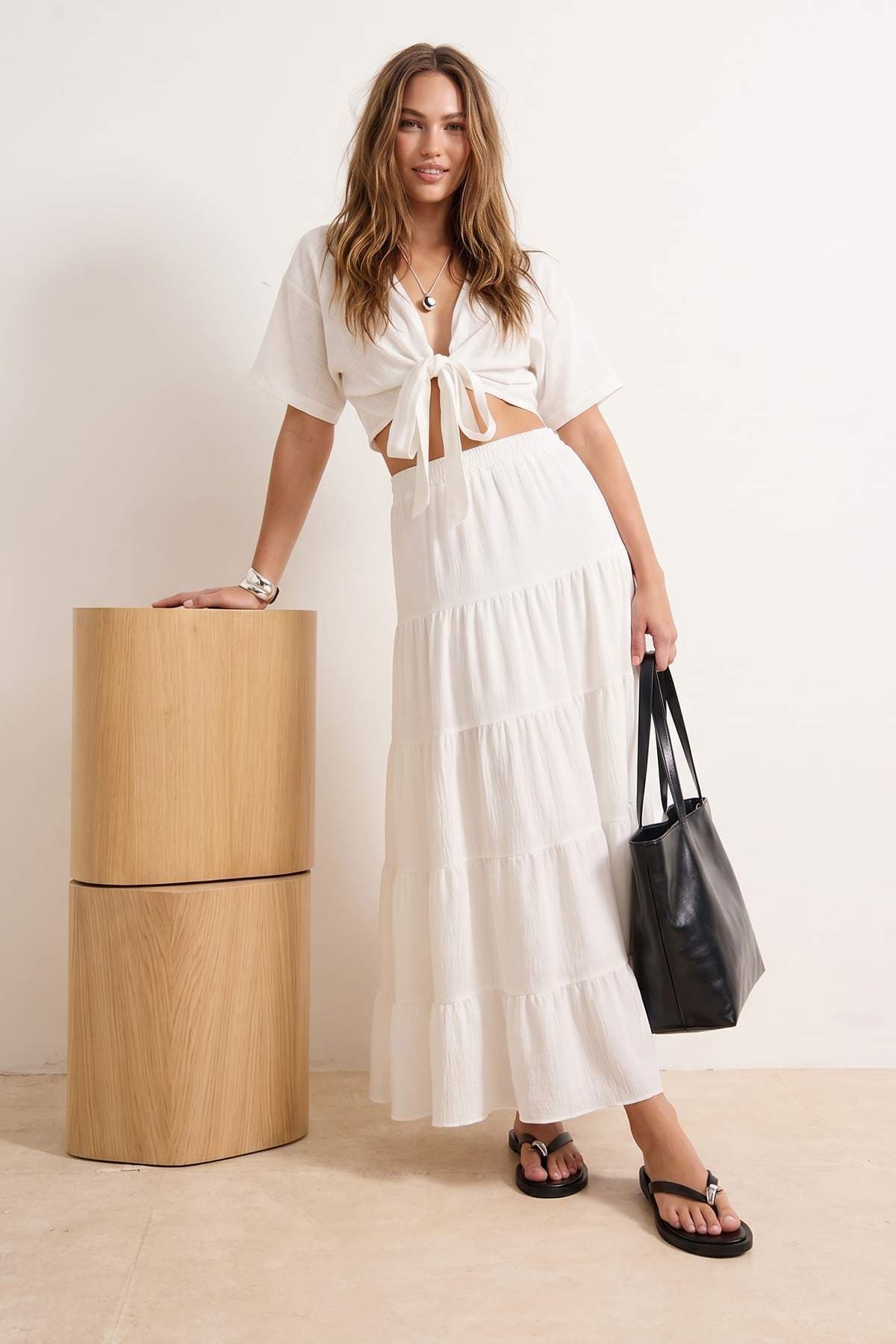 Weißer Baumwoll-Strukturstoff Maxi-Länge gewebter Bohemian-Rock TWOSS25ET00029